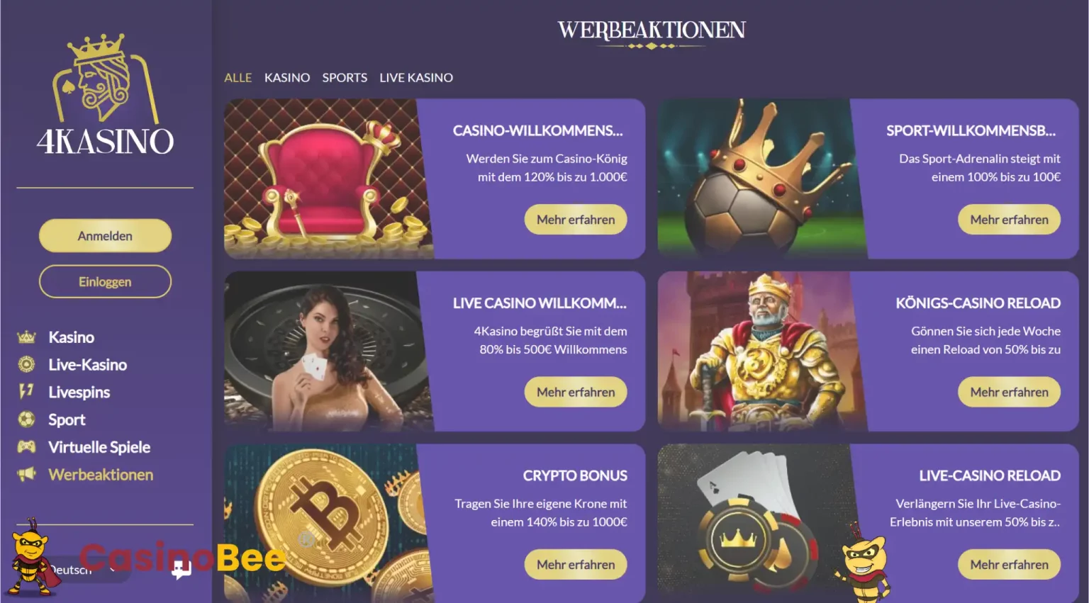 Übersicht der 4Kasino Casino Boni